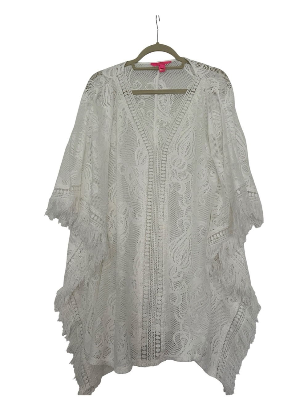 Lilly Pulitzer Skyla Caftan White Lace Fringe Kimono Cover-Up size M
